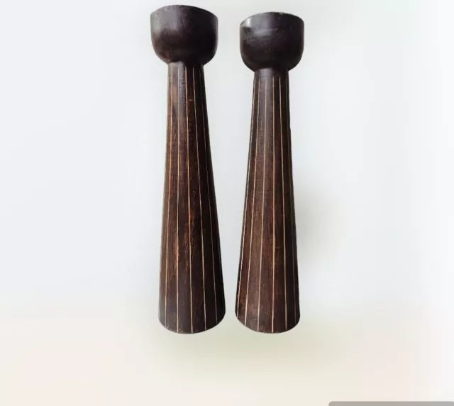 Pair Vintage Mid Century Modern MCM Wood Candle Stick Holders 10" Sleek Stylish