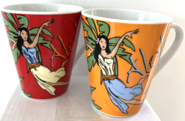 Retro Godinger VTG Aloha Cups Mugs Tahitian Moon Bar Design Ceramic Set of 2