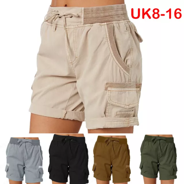 Womens High Waist Cargo Shorts Ladies Casual Loose Cotton Linen Blend Pants