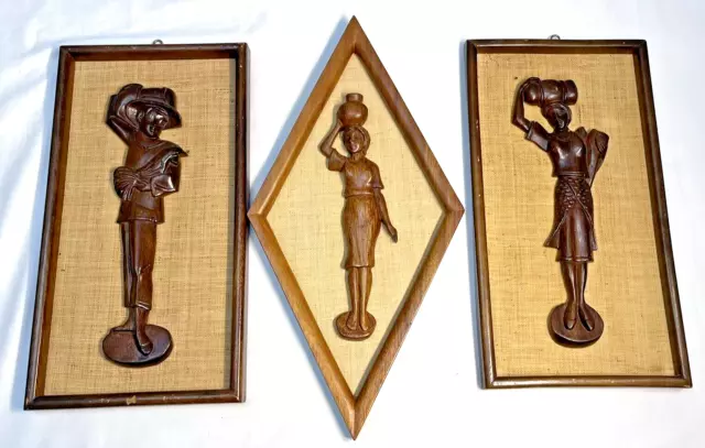 Vintage MCM 3D Carved Teak Wood Burlap Woman PlaqueS Tiki Style Set of 3