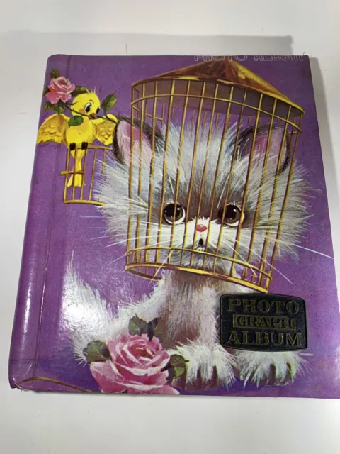 Vintage Photograph Peel Stick Cat W/Head In Bird Cage Album Holder Organizer ‘71