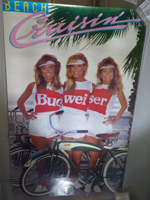 Lot Of (2) VTG 80's & 90's Budweiser *LARGE POSTERS*  3 Sexy Girls @ Beach & Bar