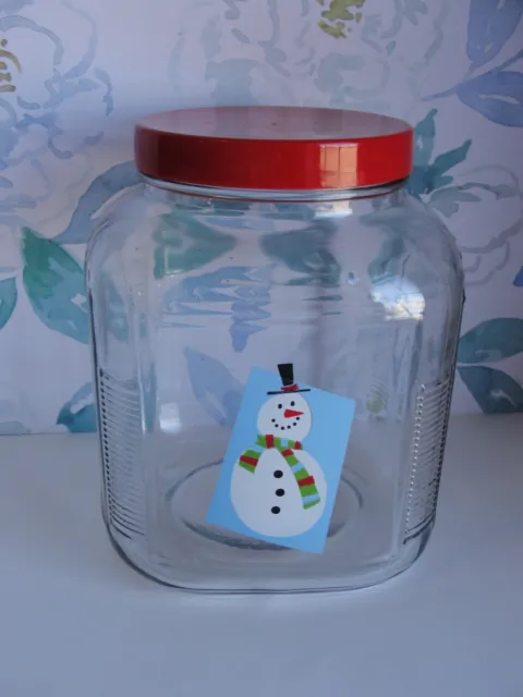 Vintage Hoosier Style Glass Canister Jar Ribbed Snowman Cookie Jar Candy X-mas
