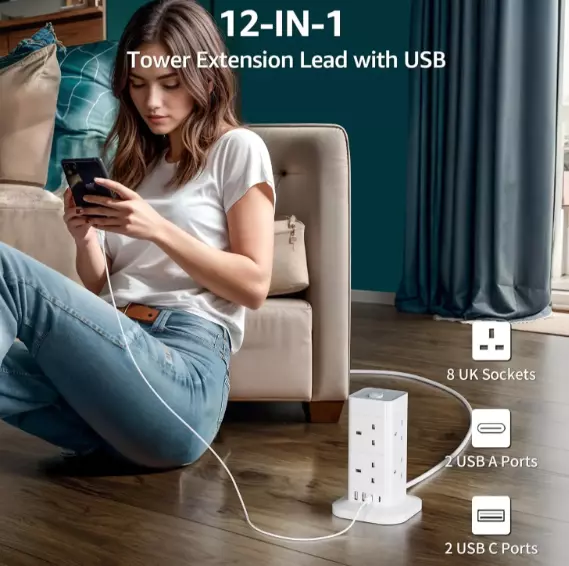 2/3 M Cube Extension Lead with USB C 8 Way Plug Power Strip with 4 USB Ports UK 3