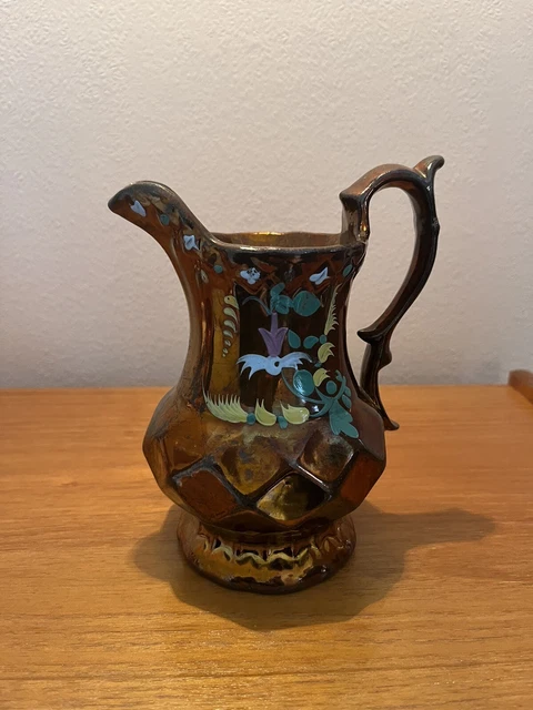 antique COPPER LUSTREWARE Lusterware Pitcher JUG w/ HAND PAINTED FLORAL MOTIF