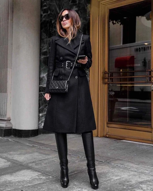 MANTEAU FEMME ZARA Manteco ceinturé laine double boutonnage noir - Main Image