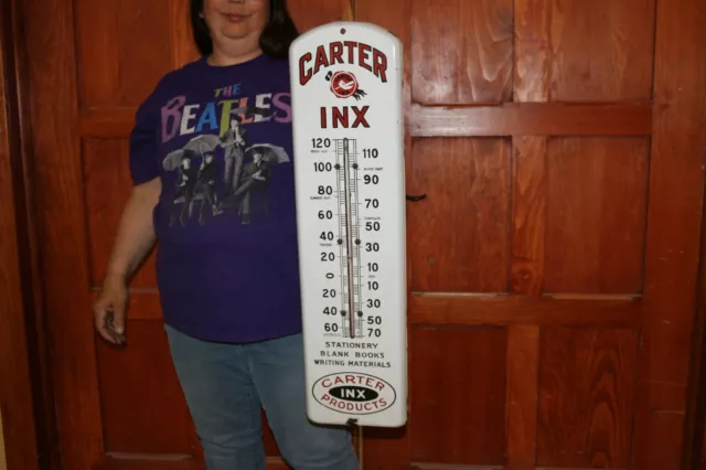 Rare Vintage 1915 Carter Inx Ink Books Pen 27" Porcelain Metal Thermometer Sign