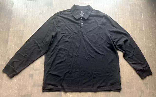 GEORGE PIQUE POLO Shirt Long Sleeve Crew Solid Black Cotton Men's 2XL ...