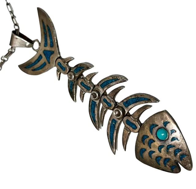 Vintage Mexican Silver & Turquoise Taxco Bone Fish Skeleton Articulated Necklace