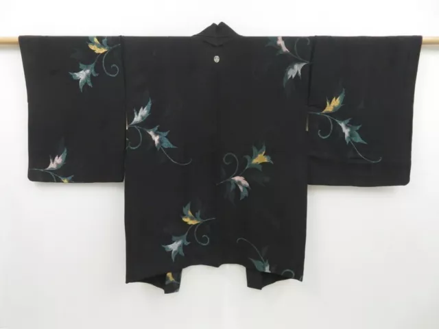 3203T02z560 Vintage Japanese Kimono Silk HAORI Leaf Black