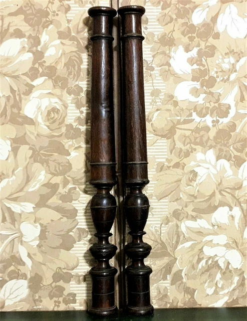 Pair baluster groove wood turned column 24" Antique french architectural salvage