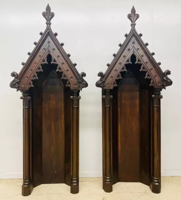 7' Tall Pair of Antique French Gothic Shrines/Niches/Display Cabinets in Oak