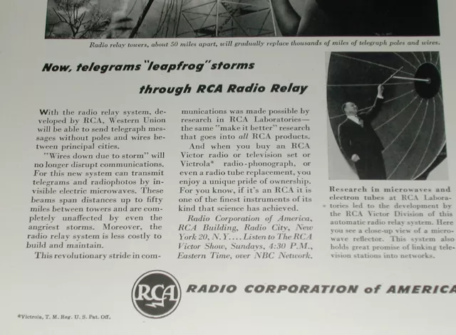 1946 RCA advertisement, Radio Corp. of America, early Microwave Relay tower 3