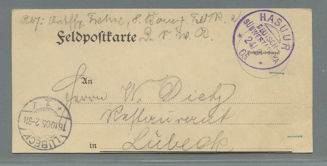 Deutsch-Südwestafrika Feldpostkartenteil ab HASUUR violett  nach Lübeck 24/8/05