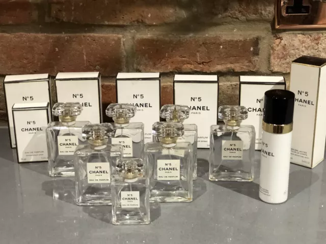 JOB LOT OF 7 Empty Chanel No 5 Perfume Bottles + Boxes + Body Mist
