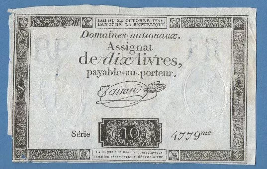 Assignat 24 Octobre 1792 de Dix Livres ..L'an 1 de la République.Filigrane RP-FR