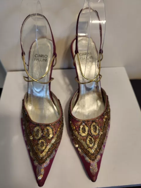 NEW Carlo Fellini Burgandy Peau de Soie Bead/Sequin Evening Shoes Sz.7.5 Ret$165 3