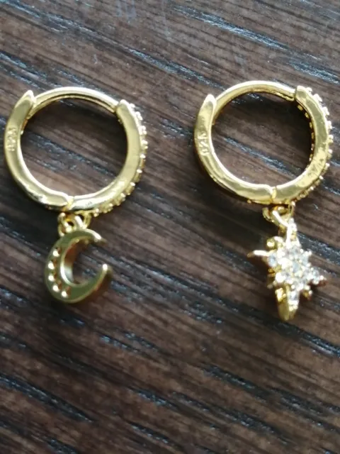 925 Silver  Gold Plated Star And Moon Earrings Set With Cubic Zirconias
