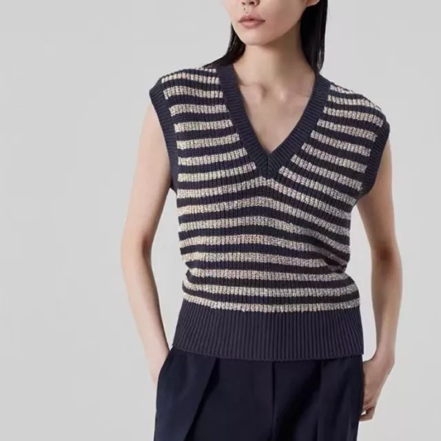 Brunello Cucinelli Women's Loose Sleeveless Sequin Striped V-Neck Sweater Vest