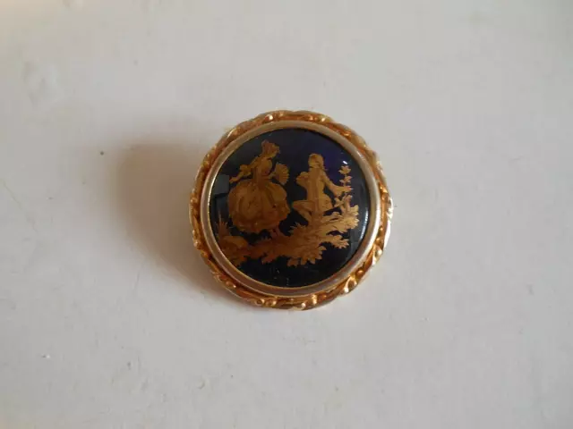 VINTAGE COBALT BLUE & GOLD LA REINE LIMOGES PIN BROOCH-3.75cm DIAMETER-FRAGONARD 2