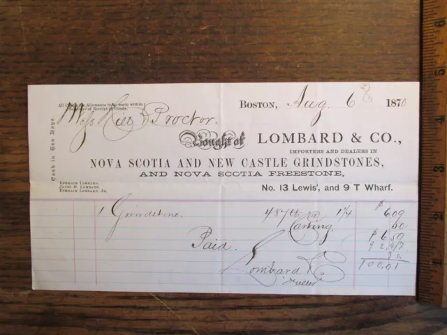 Antique Vintage Ephemera Document 1800s Billhead Boston Nova Scotia Grindstones