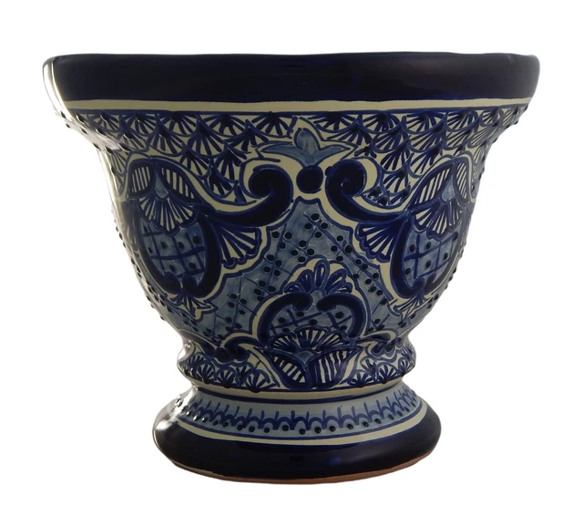 Mexican Ceramic Footed Planter Pot Garden Hand painted Talavera Blue White # 01
