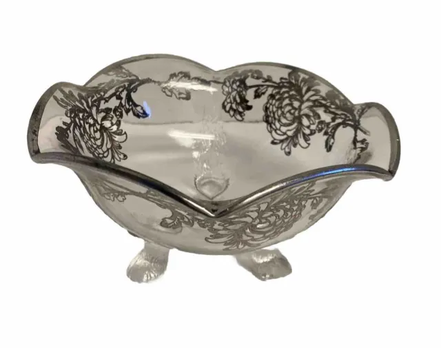 Vintage Silver Floral Three Footed Wave Edge Candy Dish