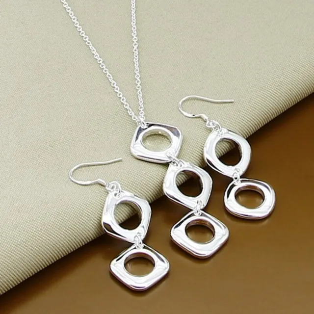 Women's Jewellery Sets 925 Sterling Silver Square Pendant Necklace Earrings Gift