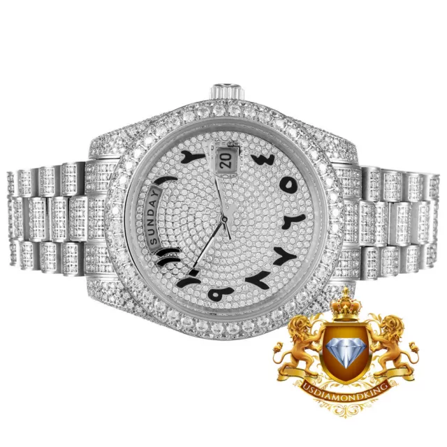 Solid Steel Arabic Dial 18K White Gold Tone Simulated Diamond Luxury Watch 41mm