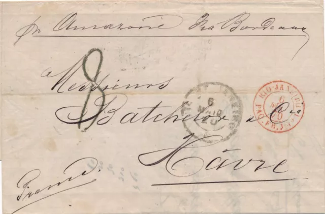 Lettre Bresil Rio Janeiro Paq Fr J N°1 Rouge Taxe Amazone Bordeaux Cover Brazil