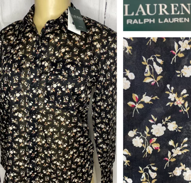 Ralph Lauren Shirt Floral Button Front Long Sleeve Semi Sheer Petite XS NWT