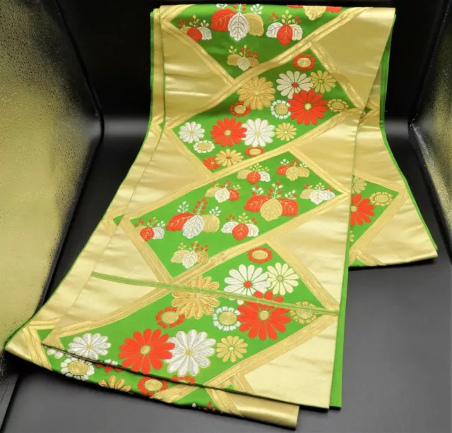 FUKURO OBI SILK Gold Brilliant Green Flower KIMONO Vintage Antique Special Price