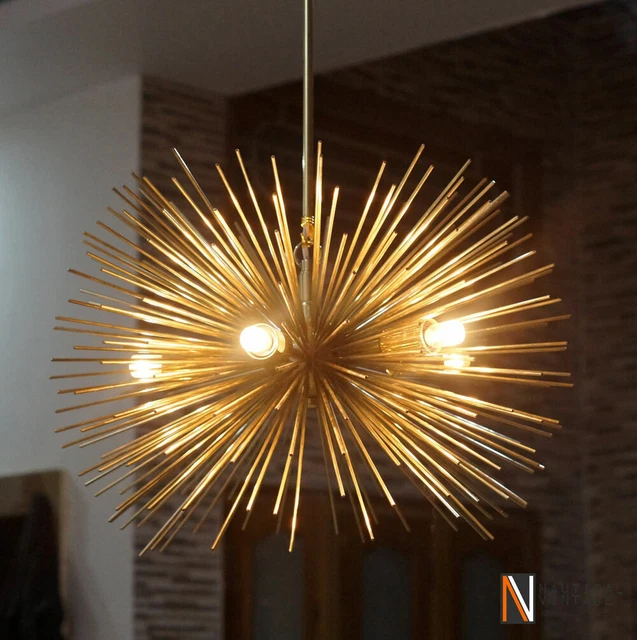 Mid century 5 Bulbs Gold Brass Sphere Urchin Chandelier Sputnik Light Fixture