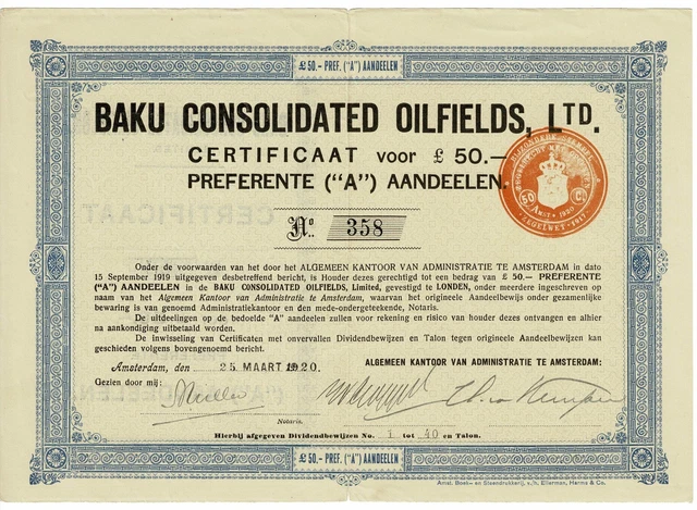 BAKU Consolifated Oilfields - Amsterdam 1920 - Certificaat A - £ 50