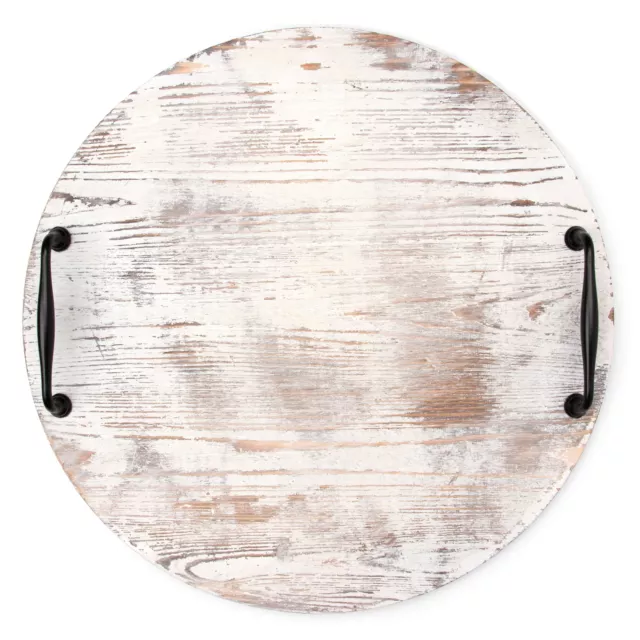 Cousin DIY 18" Round Wood Tray With Metal Handles, White Wash