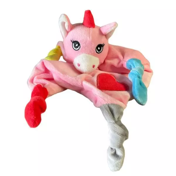 Doudou Mouchoir plat Luna la Licorne, Toucher Velours, Rose, Finition brodée, 28