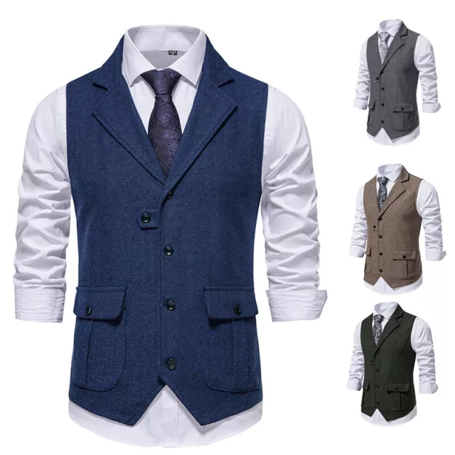 Mens Herringbone Tweed Lapel Wool Waistcoat V-Neck Sleeveless Vest Vintage Suit