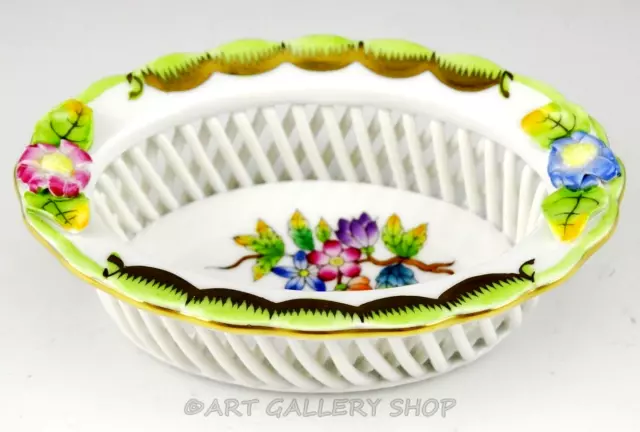 Herend Hungary #7381 QUEEN VICTORIA OPEN WEAVE 3-7/8" OVAL BASKET BOWL DISH Mint