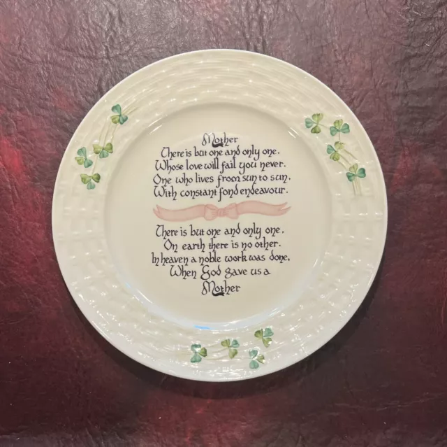 Vintage Belleek Mother Blessing Poem 9" Plate Basket Weave Shamrocks Irish