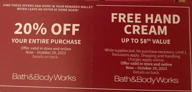 2 Bath & Body Works Coupons 20% Off Store/Online Hand Cream Exp Oct 29, 2023