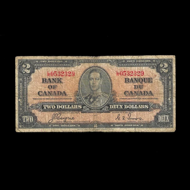 1937 Bank of Canada 2$ TWO DOLLAR CANADIAN BANK NOTE Coyne-Towers – Prefix LR