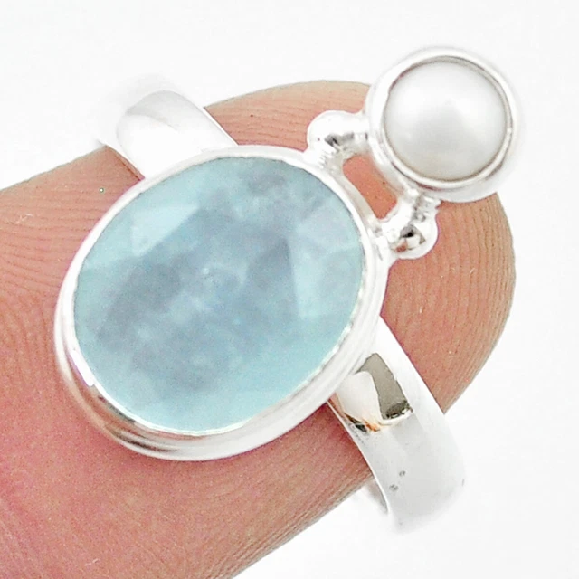 Hand Carved 5.48cts Checker Cut Natural Blue Aquamarine Pearl Ring Size 8 U44515