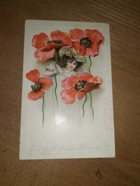 Postkarte PK Jugendstil Kind Mädchen Mohnblumen alt antik gelaufen