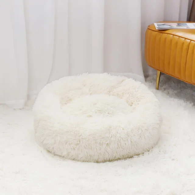 Donut Plush Pet Dog Cat Bed Fluffy Soft Warm Calming Bed Kennel Premium White