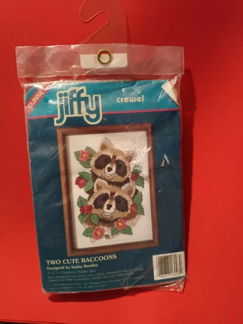 Vintage Sunset Jiffy Crewel Embroidery Kit Two Cute Raccoons 7"x5"  1993 USA