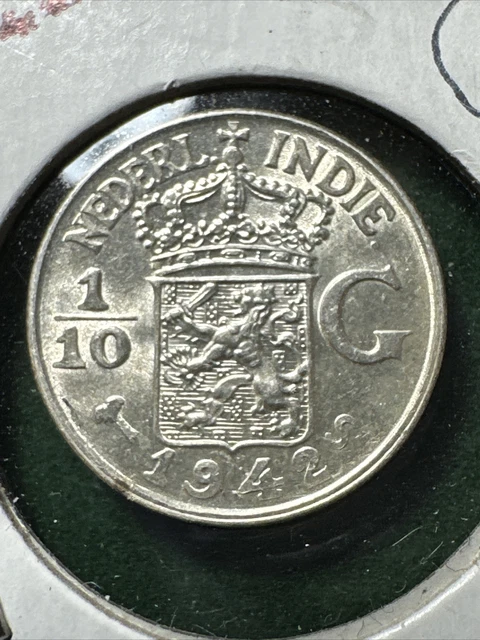 NETHERLANDS East India  1942 Silver Coin 1/10 Gulden UNC