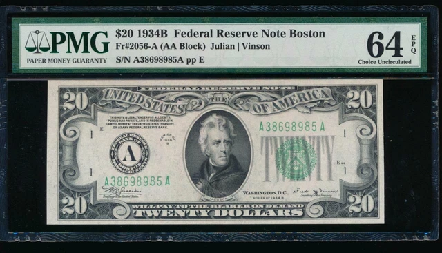 AC 1934B $20 Boston FRN PMG 64 EPQ Fr 2056-A