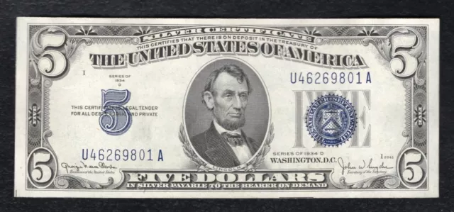 1934-D $5 Five Dollars Silver Certificate Currency Note Gem Uncirculated (G)