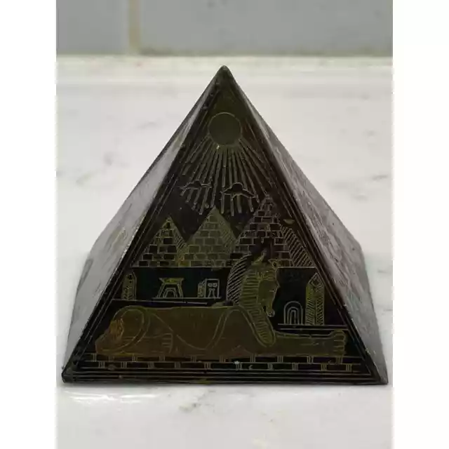 Vintage 2" Etched Brass Egyptian Pyramid Paperweight Sphinx Pharaoh hieroglyphic