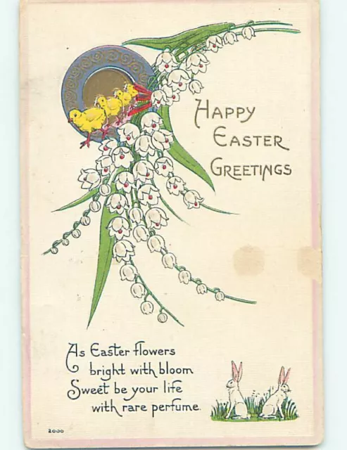 Pre-Linen easter BUNNY RABBITS WITH CHICKS AND FLOWERS : make an offer hr2396